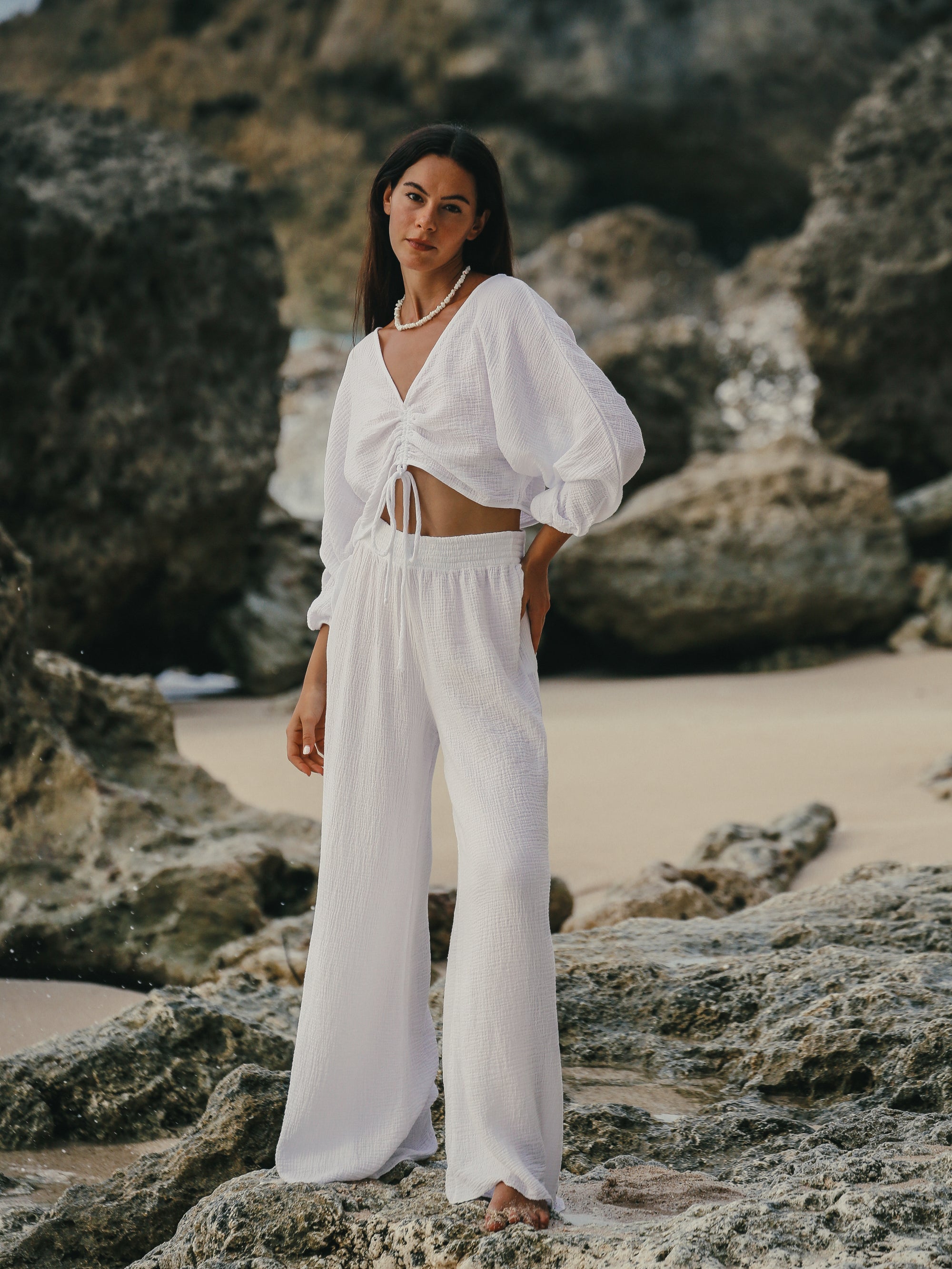 Gaia Drawstring Crop Top - White