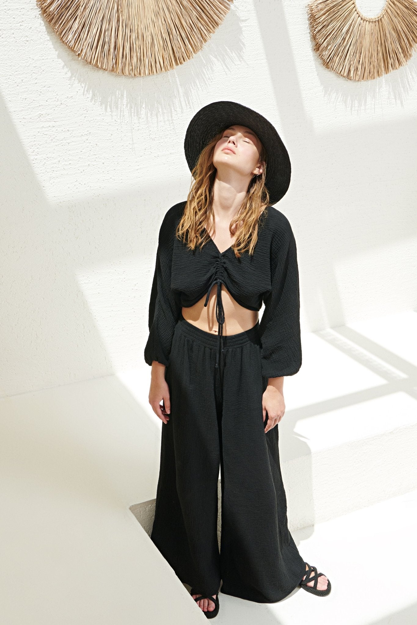 Gaia Drawstring Crop Top Black - The Handloom